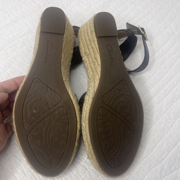 Clarks Black Leather Petrina Selma Ankle Strap Wedge Open Toe Sandal 8M - Picture 6 of 10